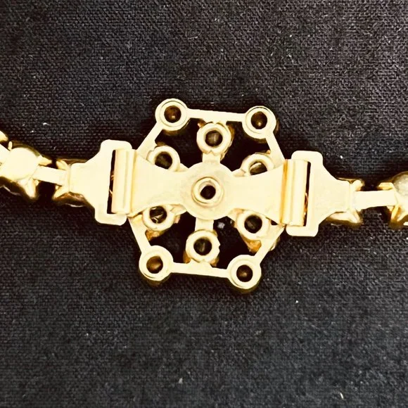 Vintage Gold Tone Blue And Clear Rhinestone Floral Tennis Bracelet (3800) - Picture 7 of 9